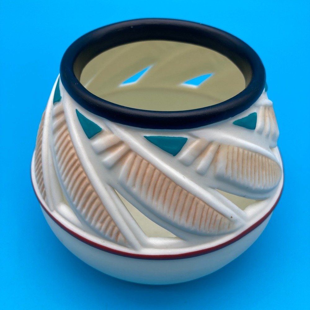 Vintage PartyLite Ceramic Candle Holder - Southwestern Aztec Feather Design
